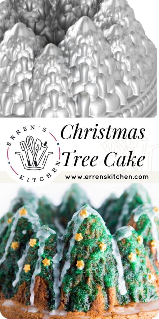 a bundt cake decorated with icing to look like Christmas trees