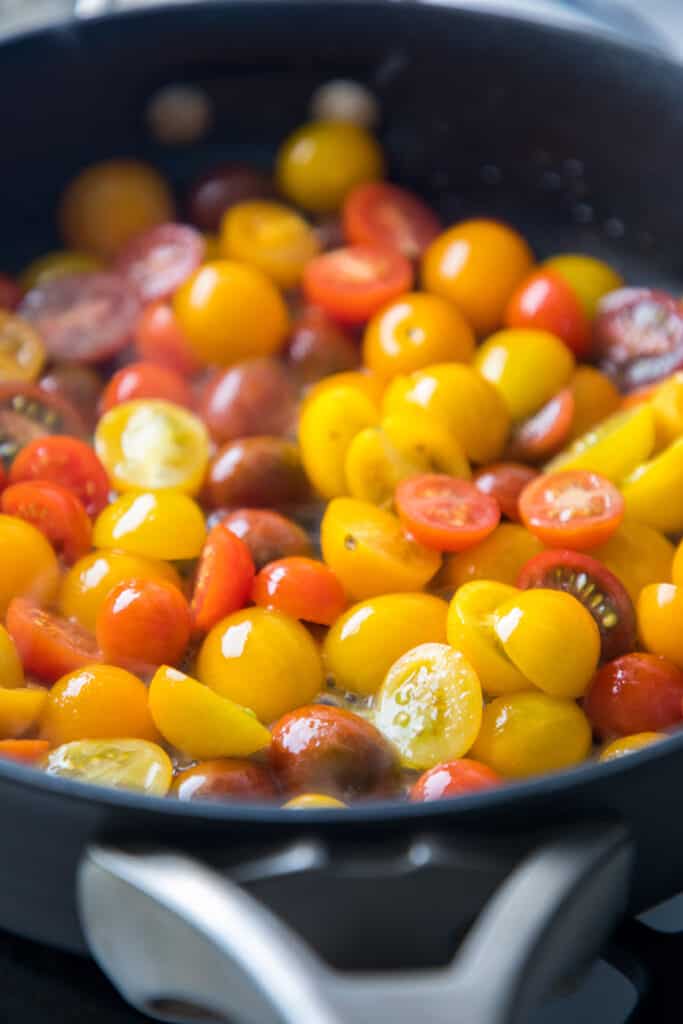 sliced tomatoes in a pan