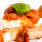 close up of Crostini with burrata cheese, tomato jam and basil