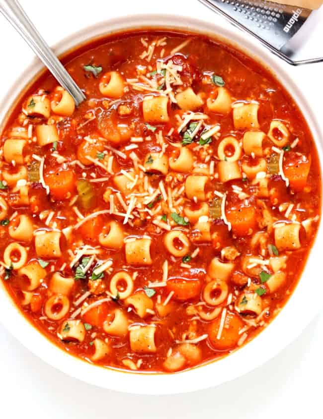 overhead shot of a bowl of pasta fagioli