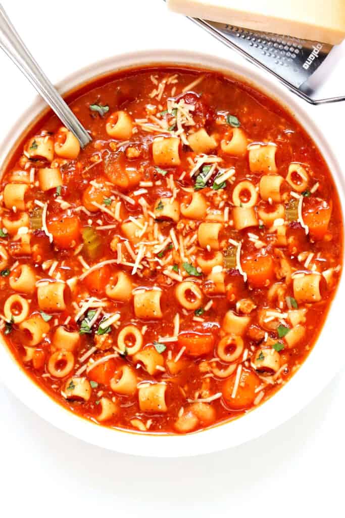 overhead shot of a bowl of pasta fagioli