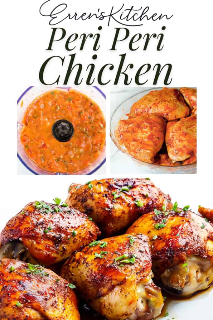 Promotional image featuring Peri Peri Chicken recipe from Erren's Kitchen. The top half shows a blender filled with Peri Peri sauce, a rich, red-orange blend with visible herbs. Below is the logo of Erren's Kitchen, consisting of crossed cooking utensils inside a circle with the text 'Erren's Kitchen'. The bottom half displays a plate with succulent, grilled chicken pieces generously coated in Peri Peri sauce and sprinkled with chopped herbs.