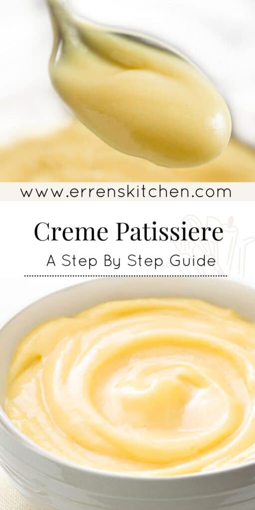 a close up of a spoonful of pastry cream over a bowl of it