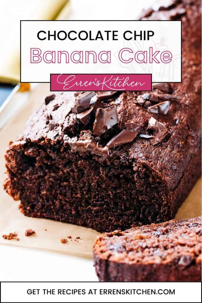 A pinterest pin showing A sliced chocolate banana cake topped with chopped chocolate.