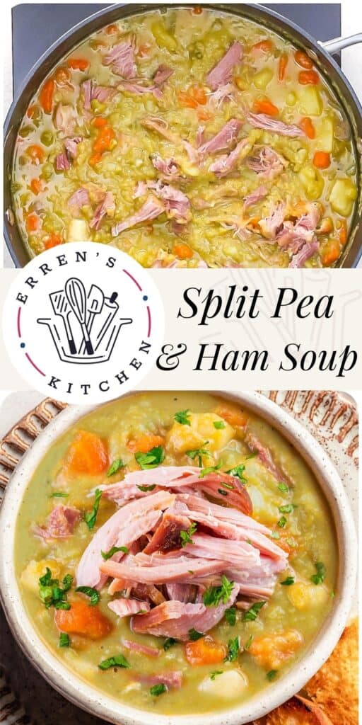 split peas soup in a bowl topped with ham meat