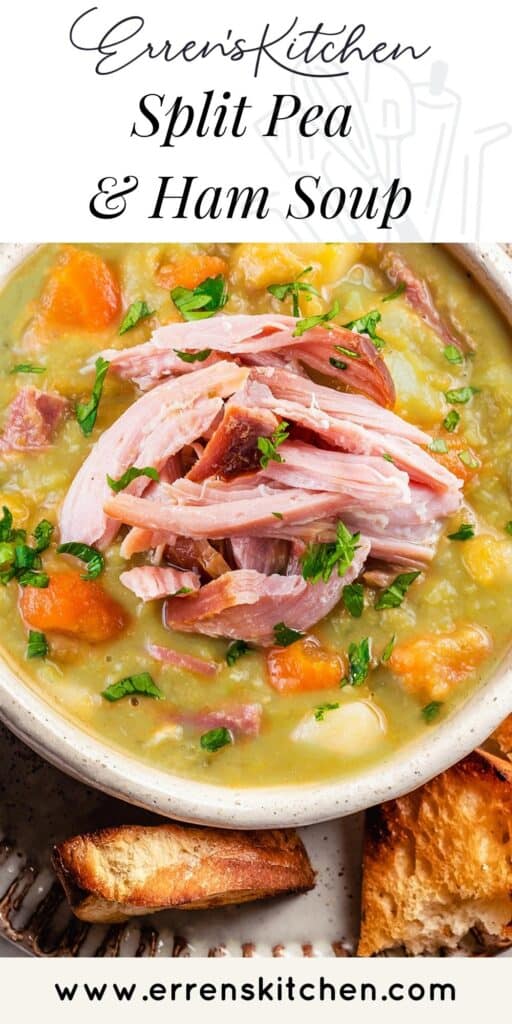 an overhead shot of split pea and ham soup