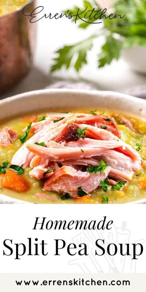 a close up of a bowl of split pea soup with shredded ham meat