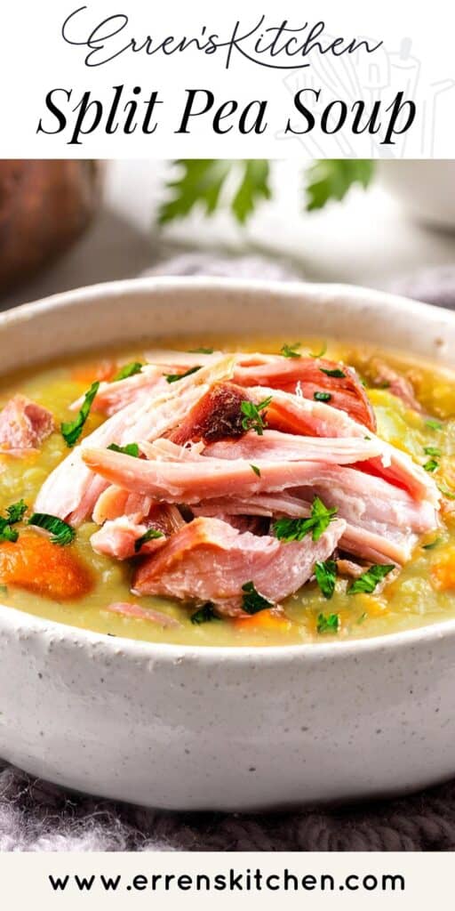 shredded ham meat on top of a bowl of split pea soup