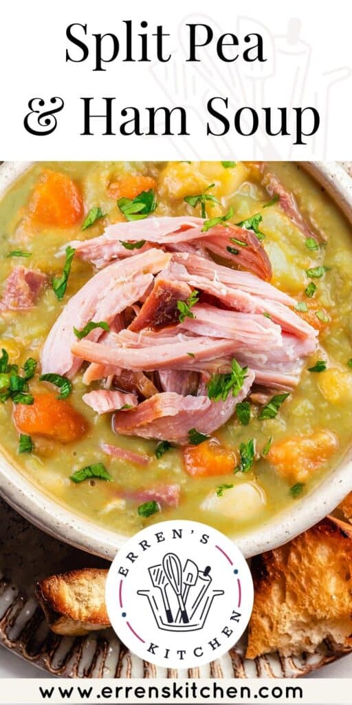 thick split pea soup topped with ham meat