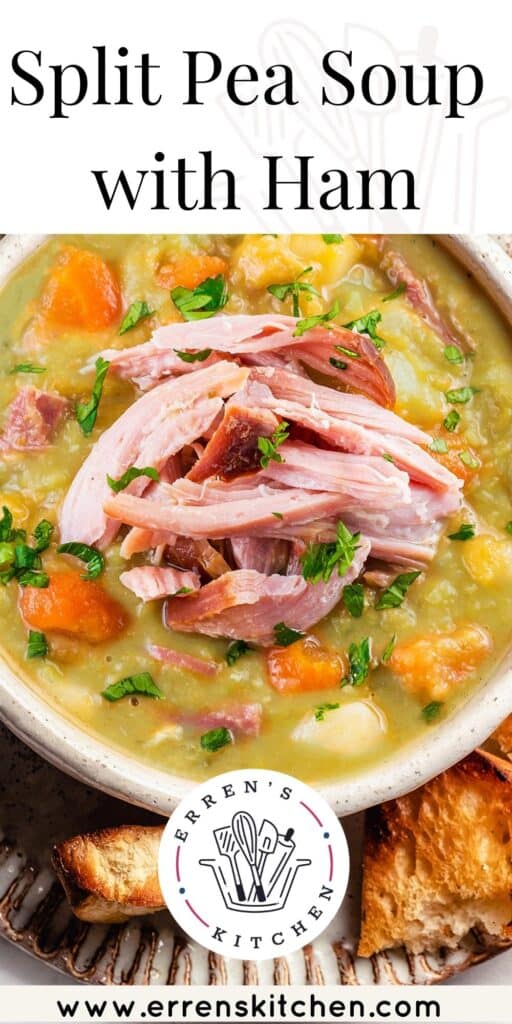 a close up shot of split pea soup topped with ham