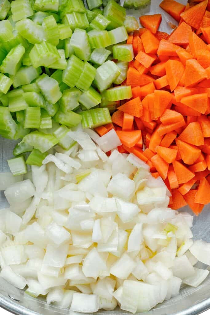 Chopped Onion, Celery, and Carrots in a bowl