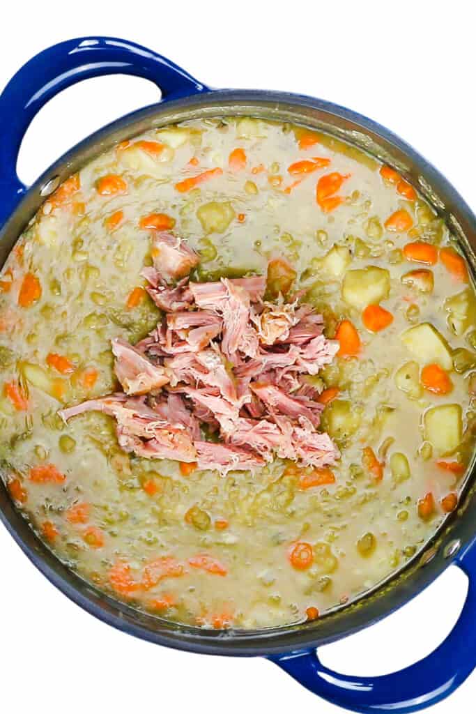 shredded ham added to the pot with the soup