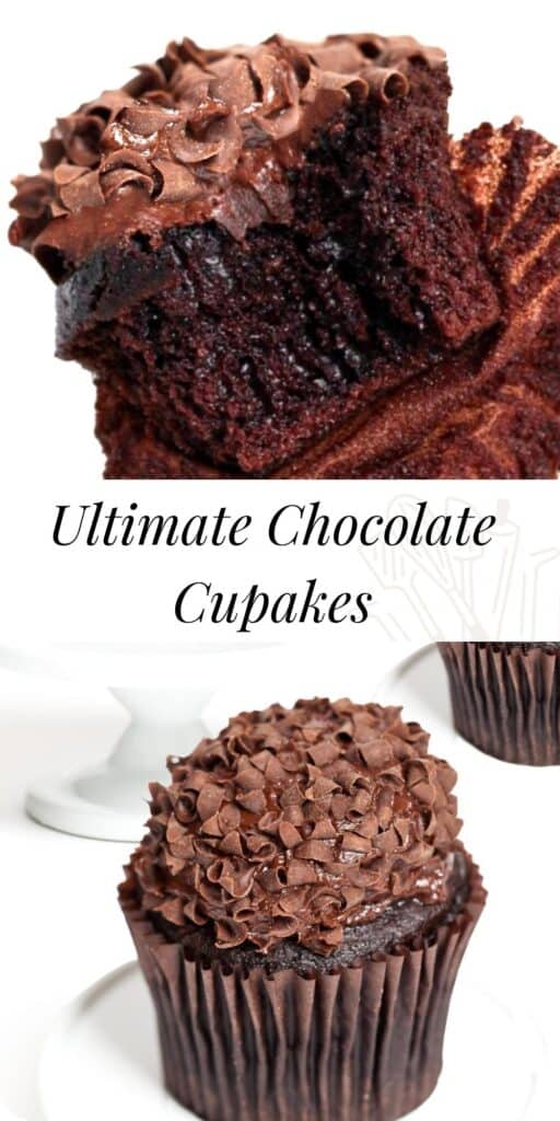 two chocolate cupcakes with a bite taken out of one