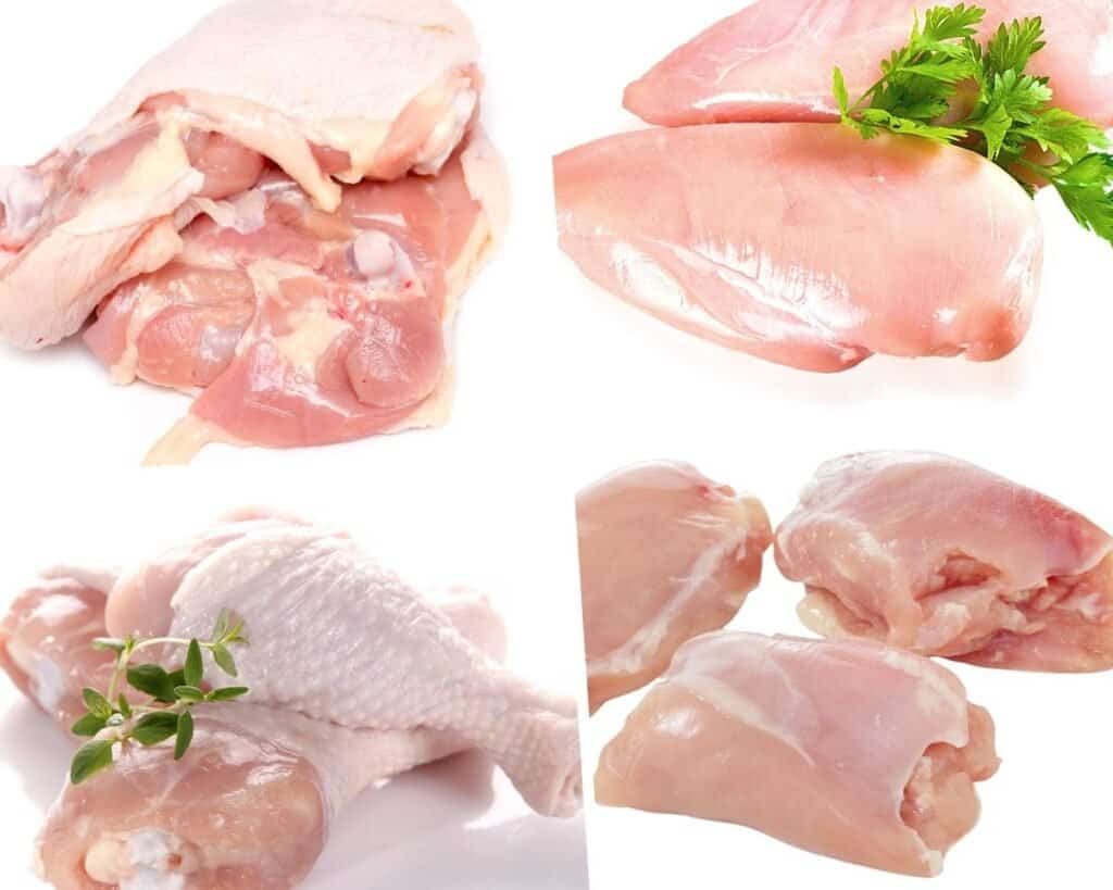 raw chicken thighs, breasts, and legs