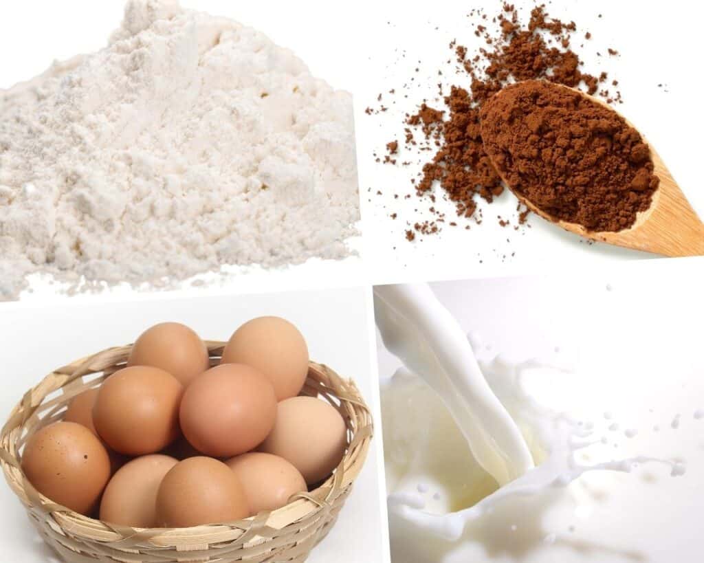 flour, cocoa powder, eggs and buttermilk