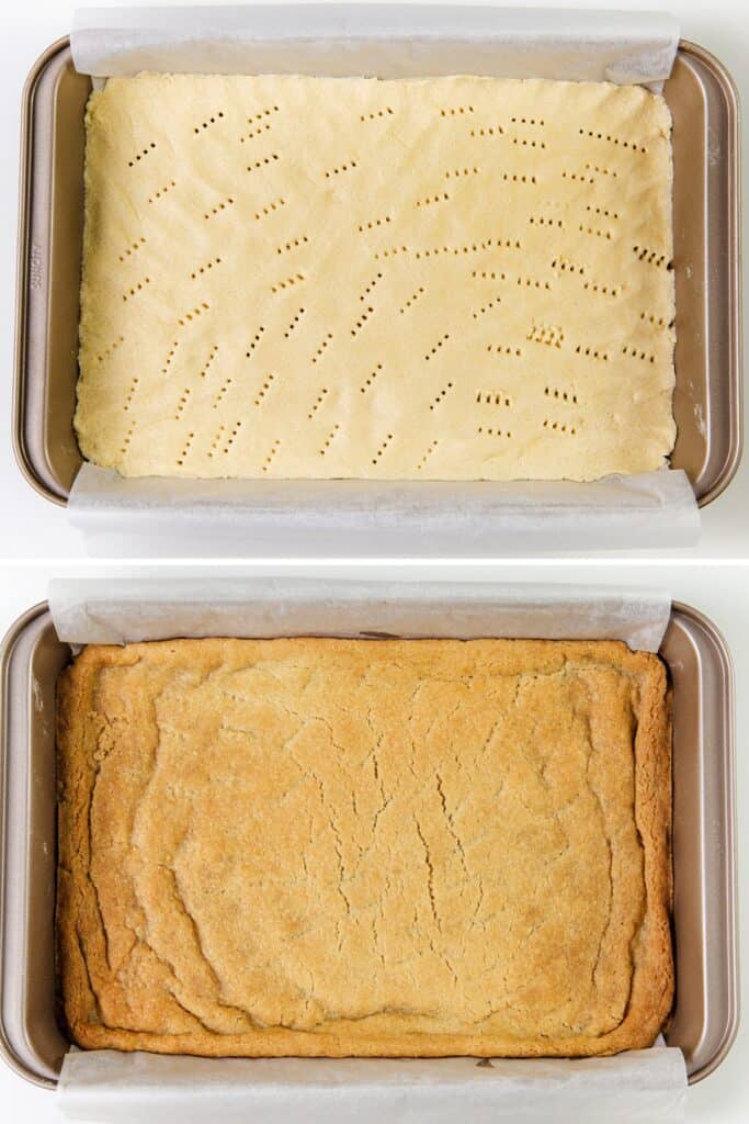 Two rectangular baking pans lined with parchment paper. The top pan holds unbaked shortbread dough with fork marks; the bottom shows the baked, golden brown, slightly cracked base perfect for the Best Lemon Squares Recipe.
