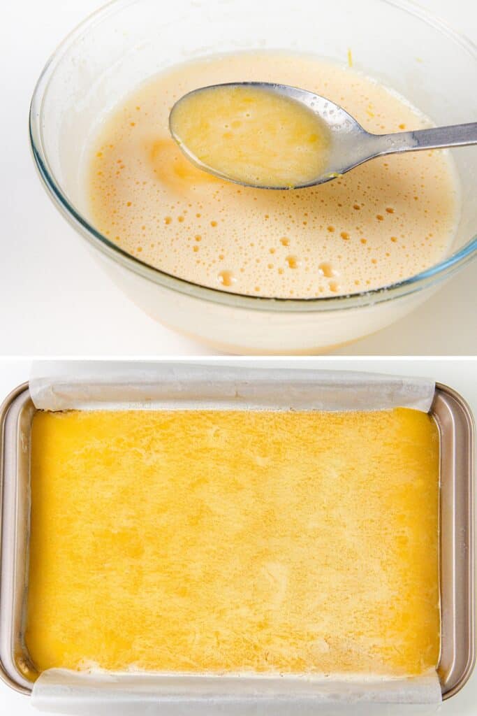 A glass bowl with frothy yellow batter for the Best Lemon Squares Recipe and a spoon above a metal baking pan lined with parchment paper, filled with the same batter, ready to be baked.