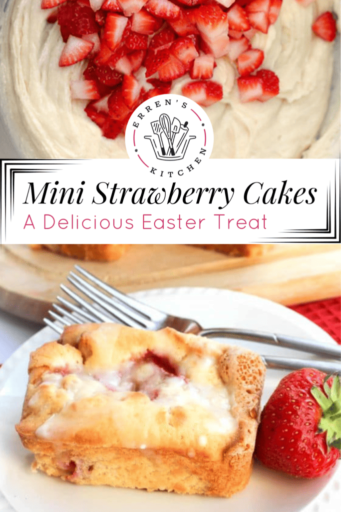 A mini strawberry cake with cream cheese icing on top placed on a small plate with a fresh strawberry and fork next to it.