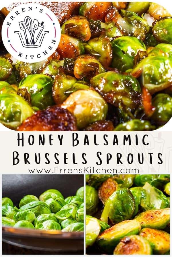 steps of honey balsamic brussel sprouts being cooked