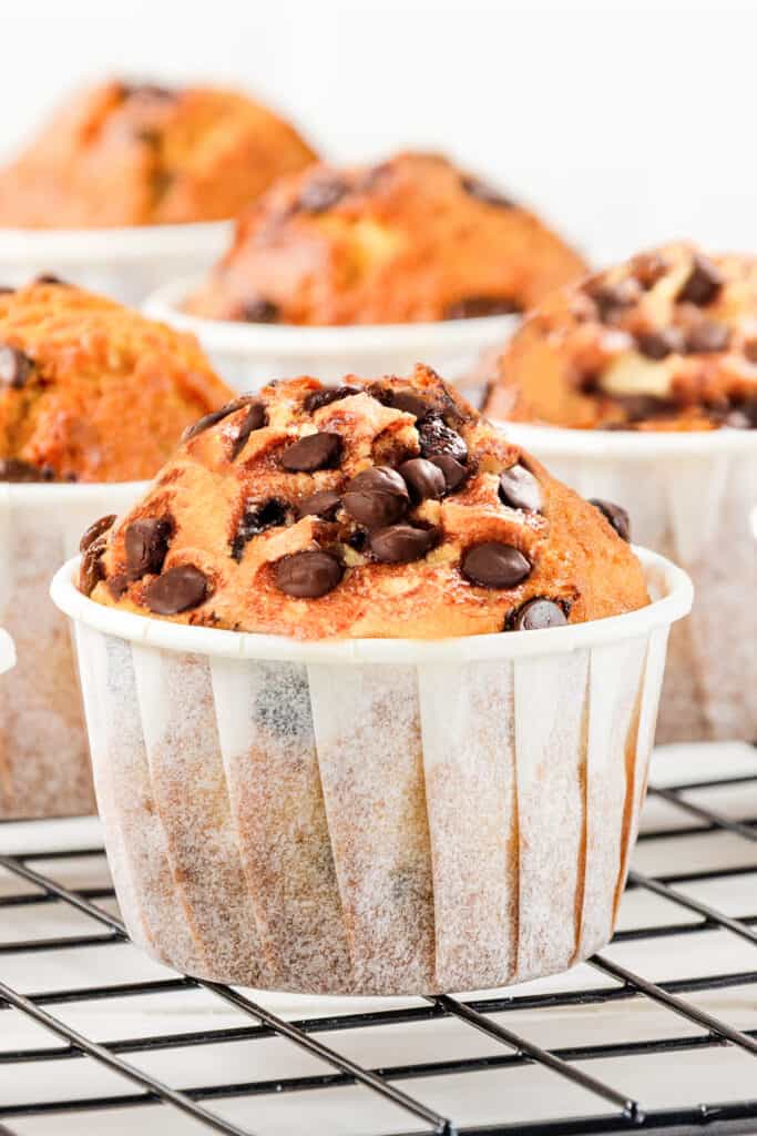 a close up of a chocolate chip muffin on a cooling rack