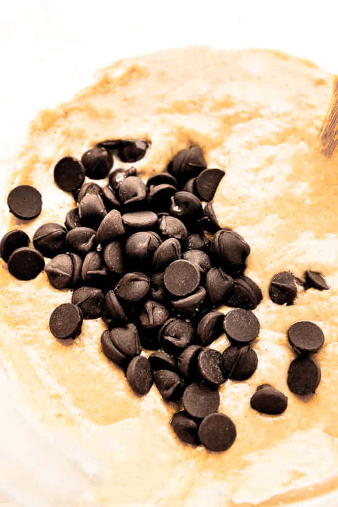 Chocolate Chips added to the batter in the bowl