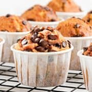 a batch of chocolate chip muffins cooling on a cooling rack