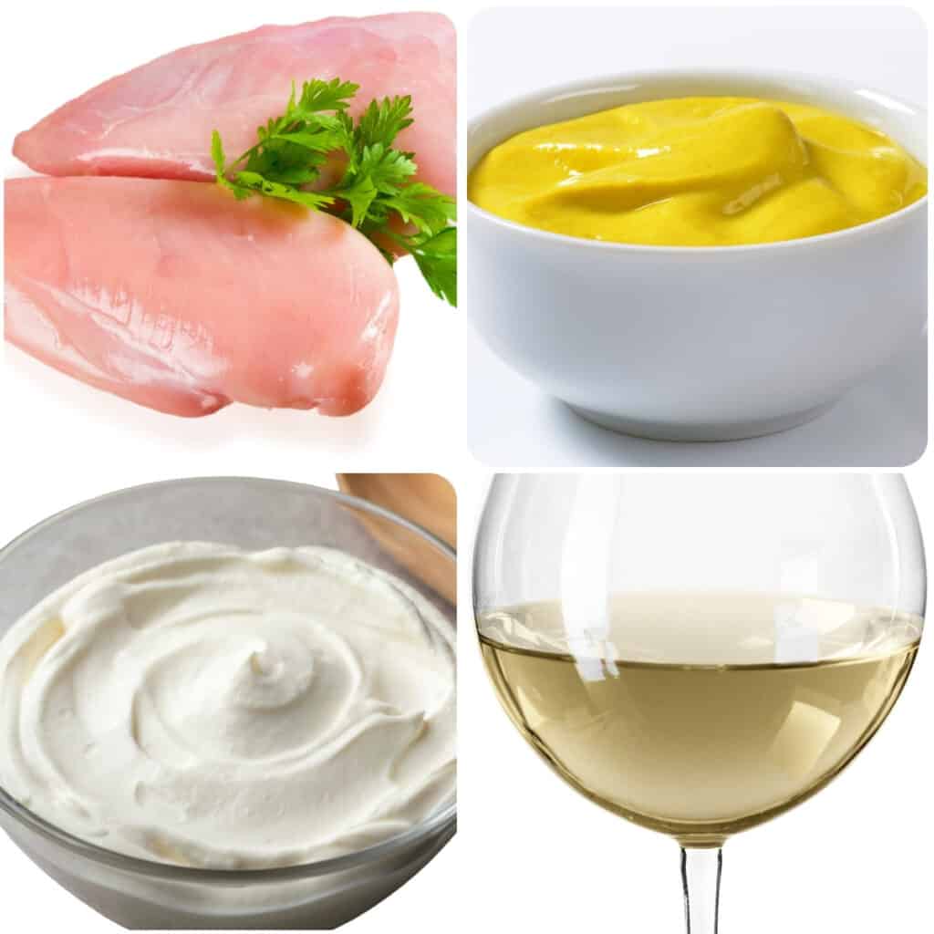 chicken, mustard, Creme Fraiche, and white wine