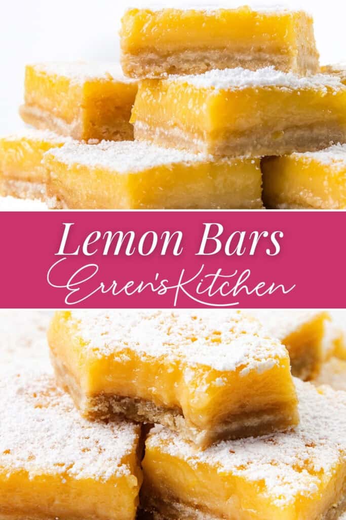 A stack of Lemon Bars with a golden yellow filling and crumbly crust, all dusted with powdered sugar. Text overlay reads “Lemon Bars Erren’s Kitchen.”.
