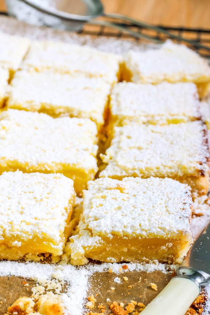 Tangy lemon squares with icing sugar on rack