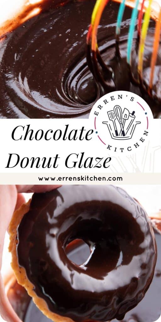 chocolate glaze for donuts being mixed and a glazed donut