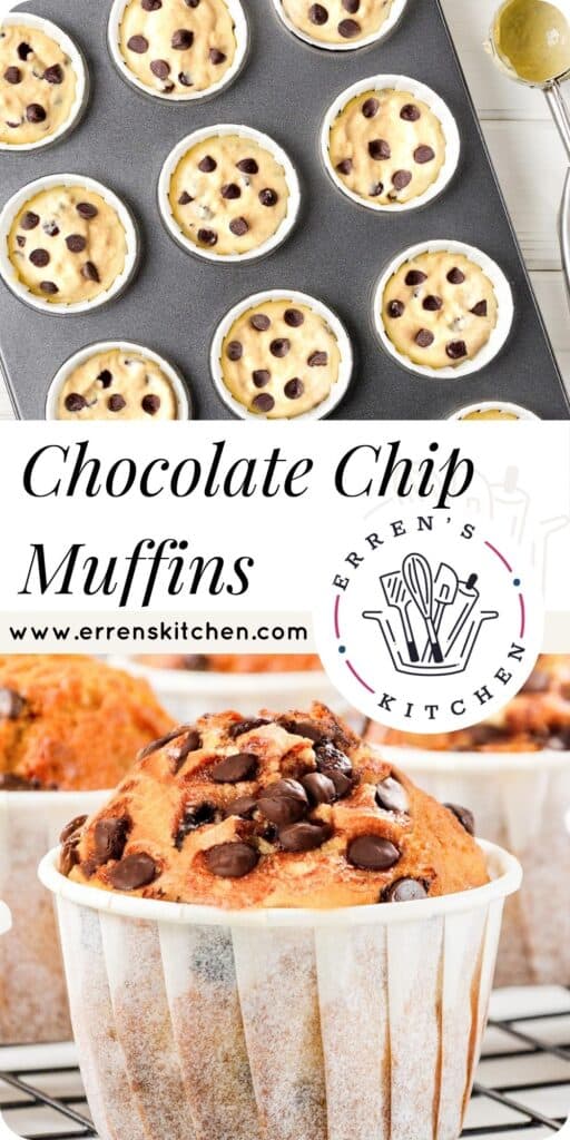 a pan of raw muffin mixture and a Chocolate Chip Muffin on a cooling rack