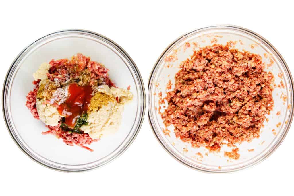 Two glass bowls: the left holds raw Salisbury Steak ingredients—ground meat, breadcrumbs, egg, herbs, and ketchup; the right shows these blended into a uniform meat mixture.