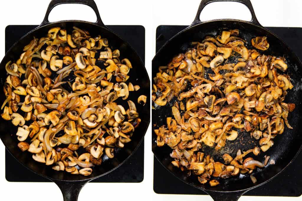 Side-by-side images of sliced mushrooms being sautéed in a black cast iron skillet—perfect for topping Salisbury Steak. The left shows lightly cooked mushrooms; the right displays them deeply browned and caramelized.