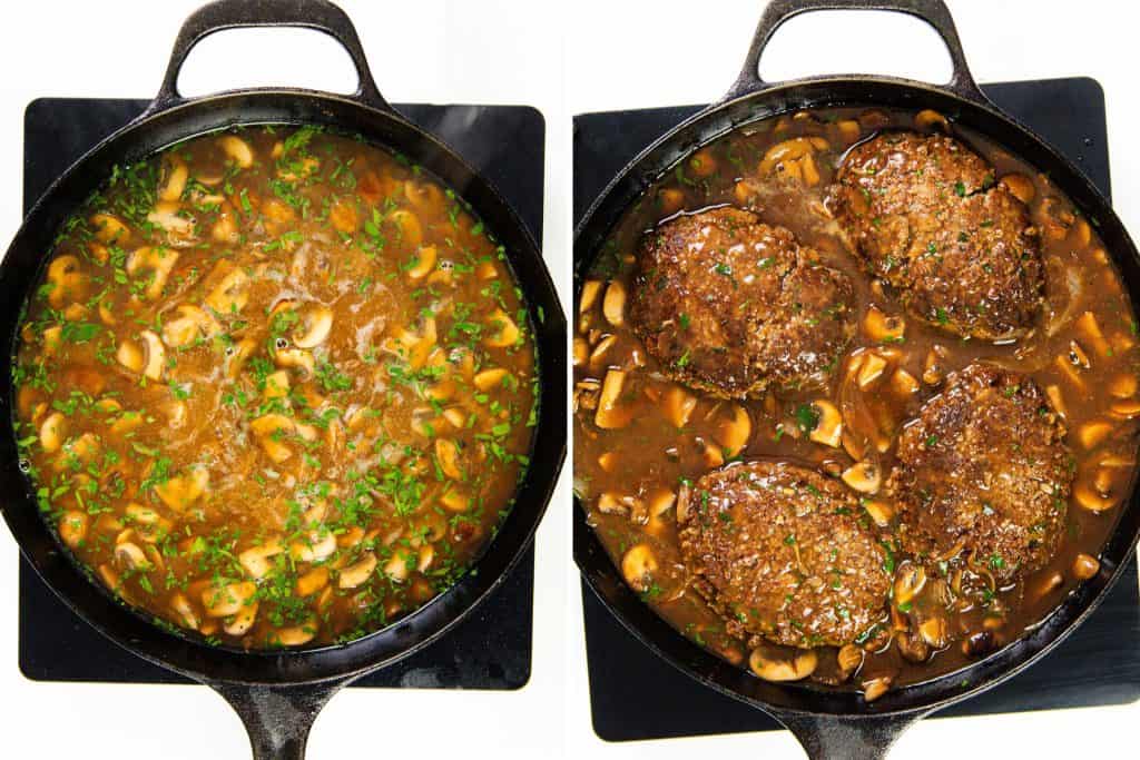 Two side-by-side images show a cast iron skillet on a stovetop. The left pan contains savory mushroom gravy with herbs; the right pan features four browned Salisbury Steak patties simmering in the same rich gravy.