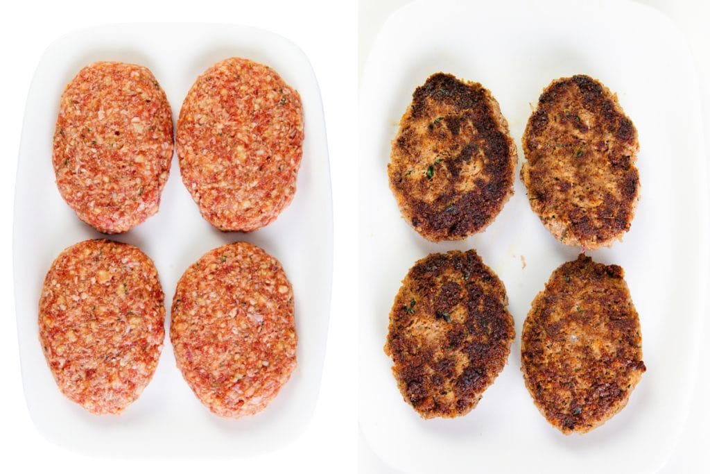 Two side-by-side plates: the left shows four raw Salisbury Steak patties, while the right displays four cooked, browned patties on a white plate.