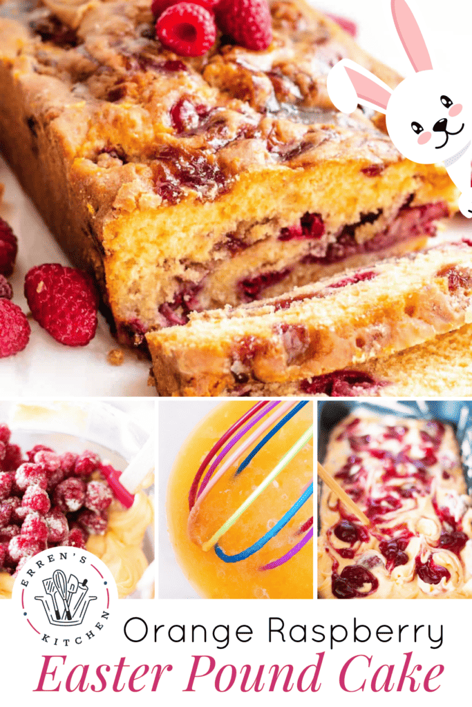 An Image showing an orange raspberry pound cake topped with a glaze and fresh raspberries and the steps to make it.