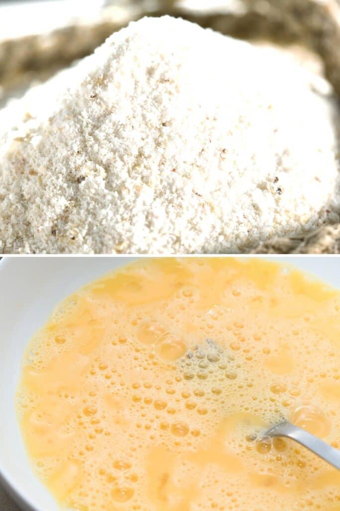 flour an a plate with beated eggs nexy to it