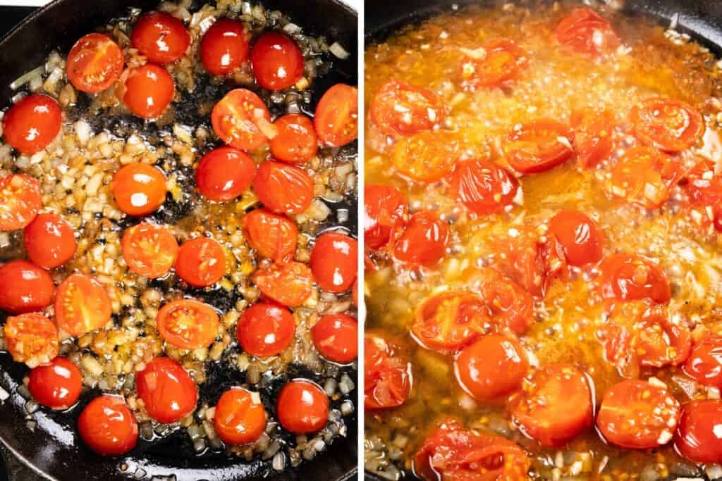 Two side-by-side images show cherry tomatoes cooking in a pan. On the left, whole tomatoes and chopped onions sizzle. On the right, they simmer with the savory essence reminiscent of a Tuscan Salmon dish, as the juices create a rich, aromatic blend.