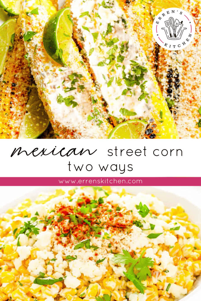 Mexcican street corn on the cob and a bowl of mexican street corn with the corn off the cob.