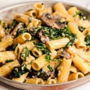 A close up image of pasta in a creamy sauce with mushrooms and spinach.