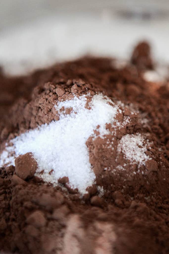 the dry ingredients for the chocolate pudding in a pot