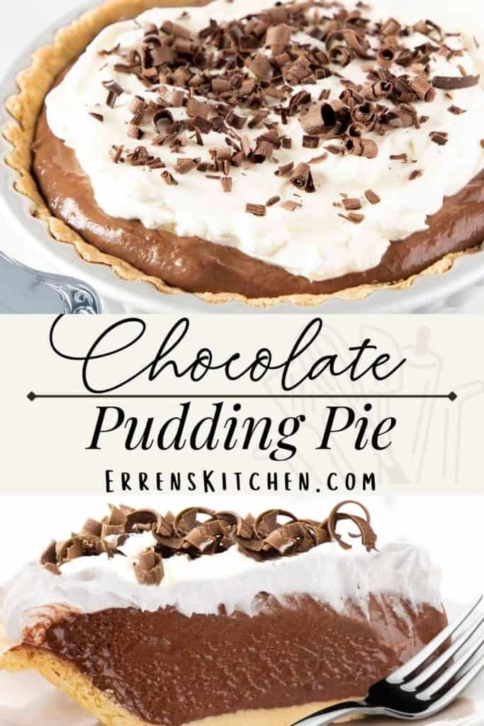 chocolate pudding pie topped with whipped cream and chocolate shavings