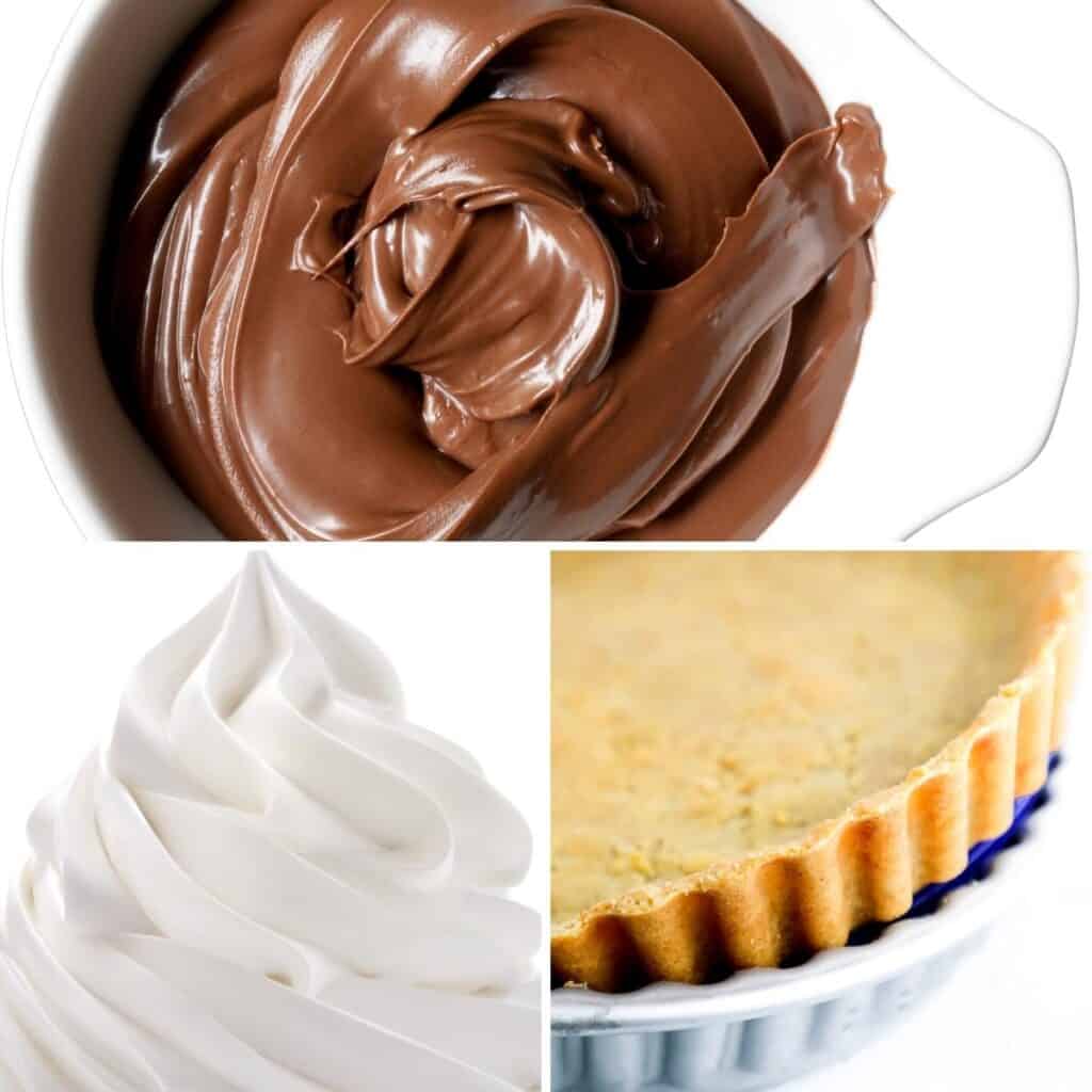 chocolate pudding, whipped cream, and pie crust