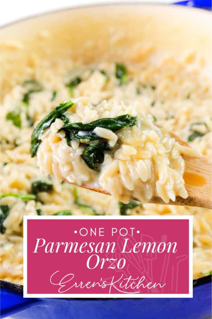 A wooden spoon scoops creamy Parmesan Lemon Orzo Pasta with spinach from a large pot. Text overlay reads: "One Pot Parmesan Lemon Orzo Erren's Kitchen.