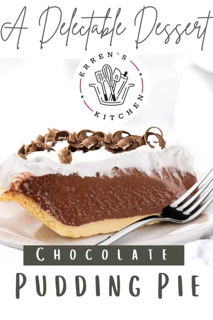 a slice of chocolate pudding pie topped with whipped cream and chocolate curls