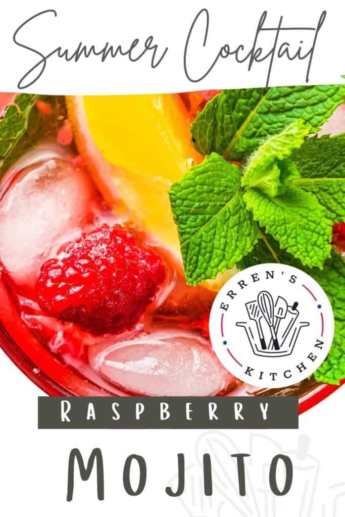 An overhead photograph of a raspberry mojito with a sprig of mint