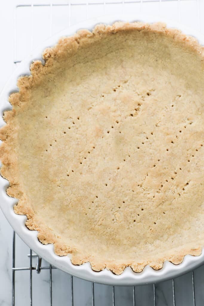 a baked shortbread crust fresh from the oven