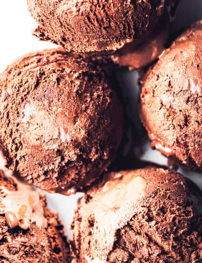 scoops of chocolate ice cream on a white plate