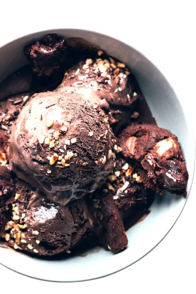 chocolate ice cream with marshmallow and nuts