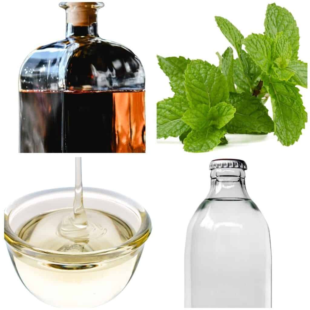 mint leaves, ssimple syrup, water, and bourbon. 